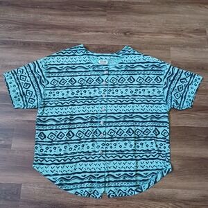Stefano International Vintage Tribal Print Button Up‎ Top Teal Green Plus 22/24W
